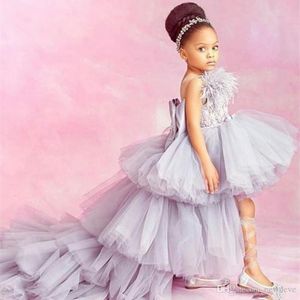 Luxury ICe Blue Flower Girls Dresses Lace Appliques Feather Tiered Kids Formal Wear Backless Birthday Toddler Pageant Gowns Custom218n