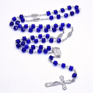 Blue Plastic Square Rosary Necklace Long Cross Religious Jewelry