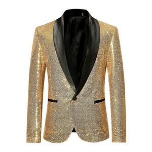 Männer Anzüge Blazer Shiny Gold Pailletten Bling Glitter Blazer Männer 2021 Schal Kragen Club DJ Herren Jacke Bühne Kleidung für Sänger1