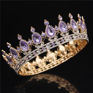 Gold Purple Queen King Bridal Crown for Women Emerdress Prom Pageant Wedding Tiary i koronki biżuteria do włosów Y1130276C