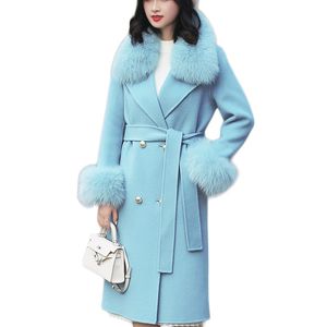 Wool Coat With Real Fox Fur Collar Autumn Winter Women Outwear Jacket Warm Elegant Long Grey Wool Jacket With Real Fox Fur LJ201109