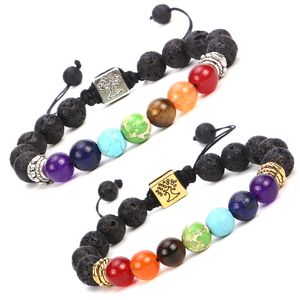 7 Chakra Beaded Bracelet StrandsTree of Life Charm Yoga Natural Stone Healing Balancing Oil Diffuser Bead Braided Bracelets