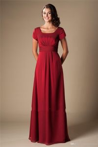 Basit Kırmızı Şifon Mütevazı Gelinlik Modelleri Kısa Kollu Uzun Kat A-Line Tapınak Düğün Parti Elbiseler Onur Elbiseleri Tapınak Hizmetçi
