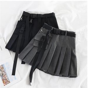 Mulheres streetwear ferramentas meio comprimento plissado preto saia curta moda cintura alta haruku mulheres saias y1214