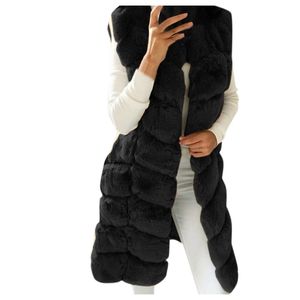 Womens Luxury Fur Vest Ladies Elegant Faux Fur Long Winter Jackets Coat Black Sleeveless Waistcoat Body Warmer Outwear 201031