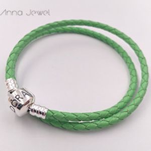 Bracciale in vera pelle intrecciata al 100% di alta qualità di alta qualità Bracciale in vera pelle verde chiaro Misura 925 Chiusura con perline in argento Adatto a bracciali con ciondoli Pandora Marcatura fai-da-te ﾠ per regali da uomo donna