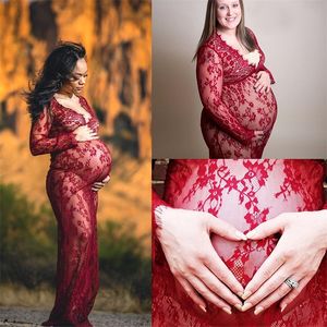 Pregnancy Dress for Photo Shoot Maternity Photography Props Sexy V Neck Lace Maxi Gown Dress Plus Size Pregnant Women Clothes LJ201123