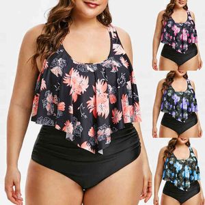 New Bikini High Waist Contrast Lotus Leaf PRINT SWIMSUIT Stripe Split Bikini 220106