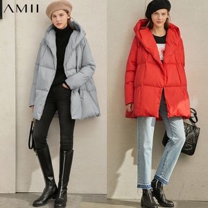 Amii зимние женщины 90% белый утка вниз пальто женский повседневная твердая свободные толстые куртки с капюшоном 11960124 201029