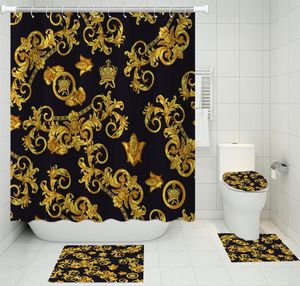 Polyester Stoff Duschvorhang Vierteiliger Toilettensitzbezug Pad Bodenmatte Barock Retro Duschvorhang Bad Teppich Badematte LJ201128