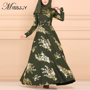 Missjoy Mulheres Muçulmanas Vestido Formal Formal Partido Oriente Médio Sashes Arco Elegante Abayas Impresso Vestuário Islâmico Turco 201204