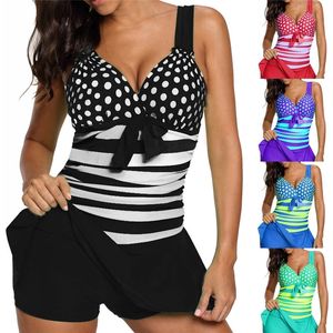 Women Sexy Dot Striped Plus Size Tankini Swimsuits Swimwear For Woman Swimdress Push Up With Shorts Sport Two Pieces 5XL T200610