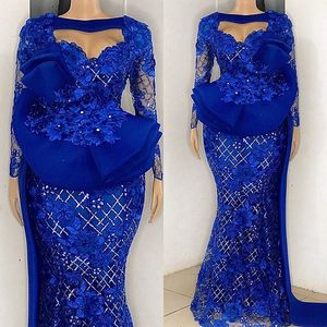 Vestido de Festa Longo Nigerian Royal Blue Evening Dresses Långärmad Sheer Neck Abendkleider Prom Party Gown