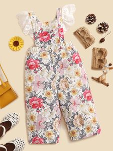 Bebê floral cópia ilhó bordado plissado guarnição jumpsuit ela