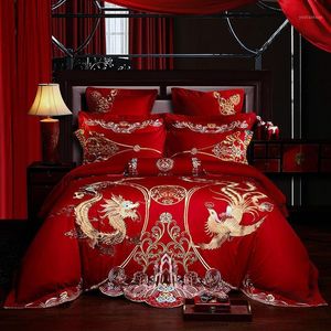 Set di biancheria da letto con ricamo Loong Phoen oro Luxury Red Wedding Princess Copripiumino Copripiumino Biancheria da letto Federe Cotone Tessili per la casa1