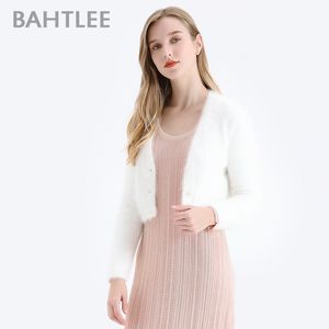 Bahtlee mulheres angora curtas curtas suéter outono inverno lã malha jumper casaco de mangas longas o-pescoço terno estilo pérola fivela 201031