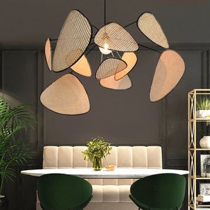 Holz-Kronleuchter, Wohnzimmer-Beleuchtung, Esszimmer, Küche, Kronleuchter, kreatives Blattgitter, ländliche, handgefertigte Rattan-Lampe