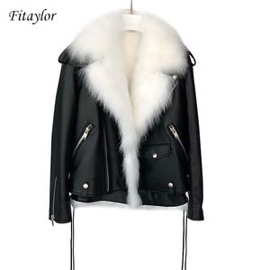 Fitaylor, chaquetas de piel sintética de invierno para mujer, chaleco de piel sintética blanca + abrigo negro de piel sintética para motocicleta, ropa de abrigo corta para nieve para mujer 201020