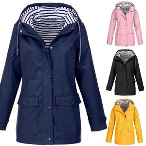 Kvinnor Jackor 2021 Stripe Outdoor Windous Raincoat Regn Jacka Svart Bomullrockar Kvinnor Casual Hooded