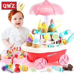 Qwz fingir jogar brinquedos de cozinha cortando comida de bolo de aniversário para crianças carro doces de gelado com luz de brinquedo de música para presentes menina lj201009
