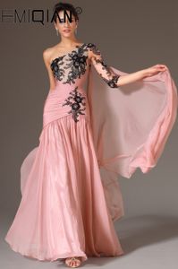 Schwarze Spitze-Applikation, lange formelle Abendparty-Kleider, One-Shoulder-Abendkleider, rosa Chiffon-Meerjungfrau-Abendkleider LJ201120