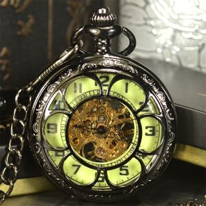 Luminous Men Pocket Watch Cool Luxury Lover Gift Chain Skeleton Mechanical Watch Black Steampunk Men Hand Winding Watch T200502