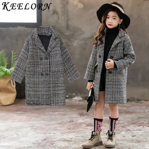 Keelorn Cabin Girls Coat Autunno Inverno Cappotto di lana per bambini grandi coreani Versione tascabile plaid grigio pied de poule Capispalla Abbigliamento LJ201125