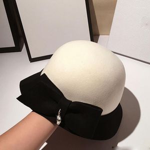 Stingy Brim Hats Elegant Women Wide Black White Stitching Fedora 100% Wool Dome Top Hat Bowknot Dress Ladies Warm Winter Hats1