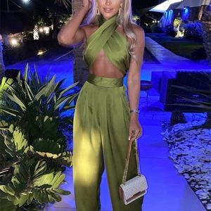 Clacive Sexy Chic Satin Women Two Piece Set Summer Halter Tank Top High Waist Palazzo Pants Fashion Party Club 2 220315