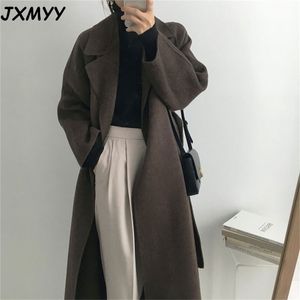 JXMYY French Lazy Style Warm Female Fresh Winter Classical Belt Retro Loose Women Woolen Coats Chic Casual Long Coat 201218