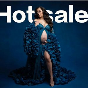 Navy Ruffles Kvinnor Vinter Fancy Kimono Gravid Party SleepWear Full Sleeves Maternity Photoshoot Dress för baby shower