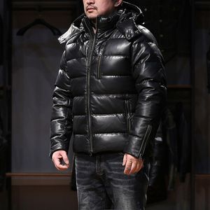 Avfly Men本物の革のダウンジャケットフーディーシープスキンレザー暖かい冬コート