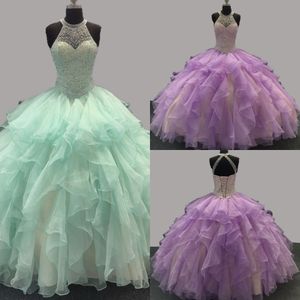 Mint grön lila quinceanera klänning boll klänning söt 16 klänningar organza ruffled halter corset tillbaka pärlstav kristall öppen baksida party crow