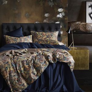 Liść Floral Birds Duvet Cover Set Shabby Navy Blue Egiptian Bawełniane łóżko Arkusz 4 sztuk Pościel Zestaw z ukrytą poduszką na zamek 201022