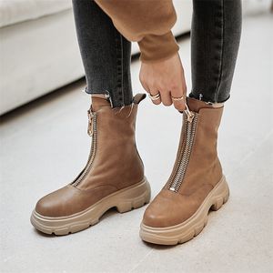 Vendita calda Meotina Stivaletti piatti con plateau in vera pelle Scarpe da donna Punta tonda Cerniera Stivaletti femminili Autunno Inverno Albicocca Taglia 41