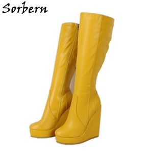 Sorbern Yellow Low Wedge Heel Boots 무릎 고등 플랫폼 편안한 겨울 부츠 유니섹스 스타일 넓은 맞춤 또는 슬림 맞춤 송아지 사용자 정의