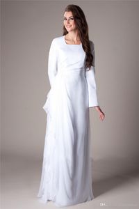비공식적 인 백색 쉬폰 사원 긴 소매 러프와 함께 겸손한 웨딩 드레스 A 라인 층 길이 리셉션 신부 가운 사용자 정의 저렴한