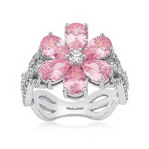 Valori Jewels Magnolia Pierścień Kwiatowy, 2 CT Cyrkon Pink Pear Gemstone, Rhodium Plated, 925 Silver, Fine Jewelry 220216