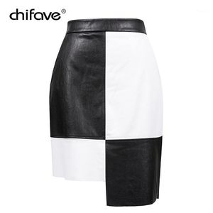 Faldas Chifave 2021 Moda Cuadrado Patchwork Falda de mujer Bolsillo Cremallera trasera Contraste en blanco y negro Longitud irregular Faldas para mujer1