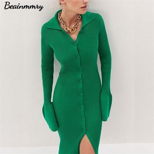 Y2K Women BodyCon Knitted Sukienka Lady Single Bered Lanter Sleeve Elegancka kobieta Zrzuć kołnierz Mid Split Slim Slime Autumn 220215