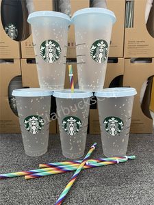 Dea Sirena Starbucks 16oz/24oz/710ml/473ml Bicchiere di Plastica Riutilizzabile Trasparente Bere Fondo Piatto Coperchio a Forma di Pilastro Tazze di Paglia tazza