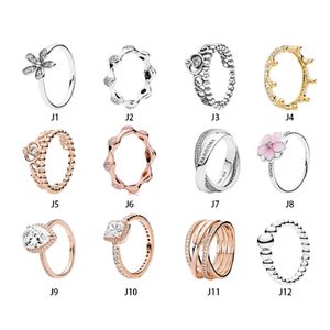 NEW 100% 925 Sterling Silver Ring Fit Pandora Crown Flowers Beaded Daisy Teardrop Rose Gold Rings for European Women Wedding Original Fashion Jewelry