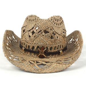 女性の男性のための太陽の帽子自然なわらの堅い硬質織り夏のサンカウガールソンブレロホムブレ西カウボーイハットサイズ58cm Y200714