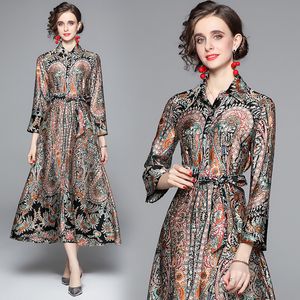 2022 Runway Black Button Up Shirt Dress Women Long Sleeve Ribbon Bow Slim A-Line Lace Up Vintage Dresses Spring Autumn Cute Office Lady Party Prom Print Maxi Frock