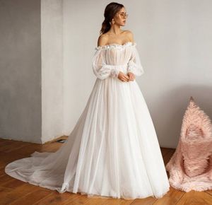 Bohemian inchado bolinhas vestido de casamento tulle 2022 laço fora do ombro mangas folhadas comprimento de piso praia marfim vestido nupcial vestidos de noiva