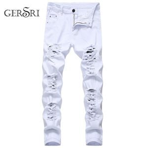 Straight Hole Destruction Byxor Distressed Jeans Män Denim Byxor Mode Designer Märke Vit Byxor Man Stor Storlek 220311