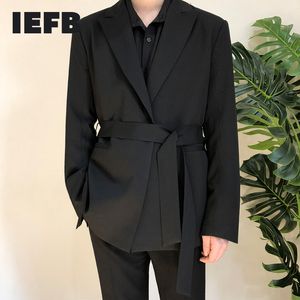 IEFB /men's wear 2020 autumn casual black Suit Loose Coat Self-cultivation Trend Handsome Small blazers with belt design LJ201103