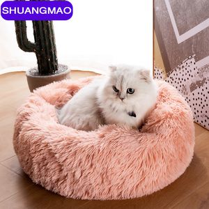 Vendita calda Cat Bed House Soft Cat Letti rotondi Kennel Pet Dog per cani di piccola taglia Gatti Nest Lungo peluche Inverno Caldo Sleeping pad Puppy Mat 201111