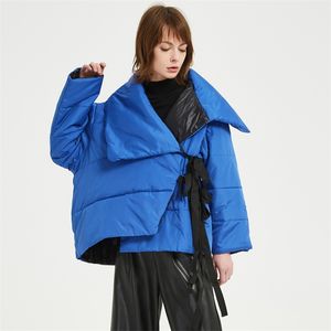 겨울 자켓 여자 스탠드 칼라 단단한 여성 블루 다운 코트 느슨한 대형 여성 짧은 파카 재킷 파카스 무지 여자 201214