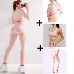 3 stücke Frauen Nahtlose Gym Set Yoga Bh Anzüge Yoga Set Gymnastik Kleidung Weibliche Fitness Sport Langarm Anzug Lauf kleidung1